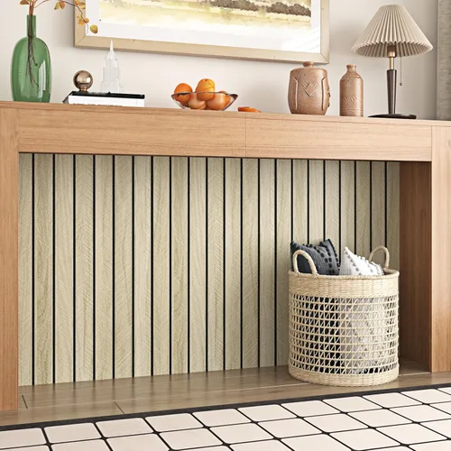 Vista 7 de Wallercity Paneles acústicos de listones de madera marrón claro para decoración elegante, reducción de ruido, paneles de grano de madera con textura