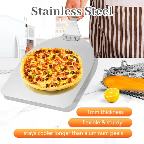 Vista 3 de Pala cuadrada de pizza de 12 pulgadas, espátula de pizza de acero inoxidable con mango largo ergonómico de madera para hornear al horno de pizza