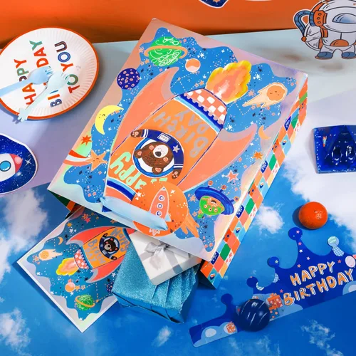 Vista 5 de LeZakaa Bolsa de regalo de cumpleaños de 13 pulgadas, bolsa de regalo mediana de papel de aluminio metálico con papel de seda, etiqueta de regalo