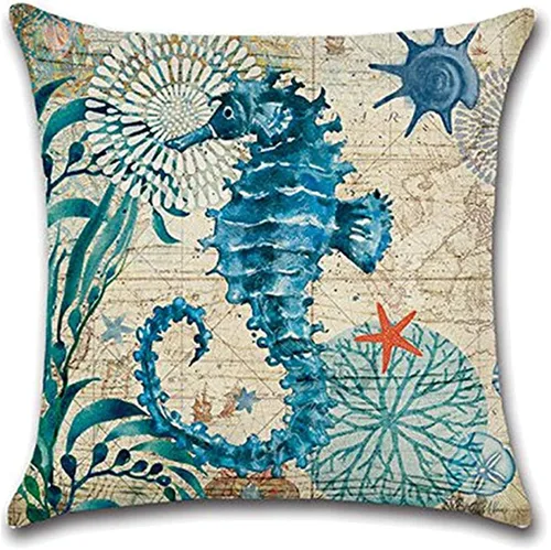 Vista 3 de 7COLORROOM Paquete de 2 fundas de almohada de playa/costera, tortuga marina/caballo marino, fundas de cojín decorativas de algodón y lino, 20 x 20