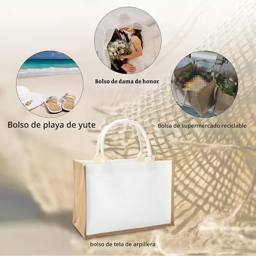 Vista 6 de Bolsa de yute de 14.5 x 6.7 x 10.2 pulgadas, 1 bolsa de arpillera, bolsas de viaje de yute con asa, bolsa de comestibles reutilizable para dama