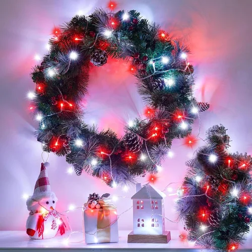 Vista 6 de 120 luces LED rojas y blancas de Navidad para exteriores, cadena de luces de Navidad de 40 pies, 8 modos, luces de hadas rojas y blancas