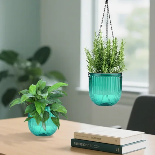 Vista 7 de Paquete de 4 macetas colgantes de riego automático con agujeros de drenaje, color verde