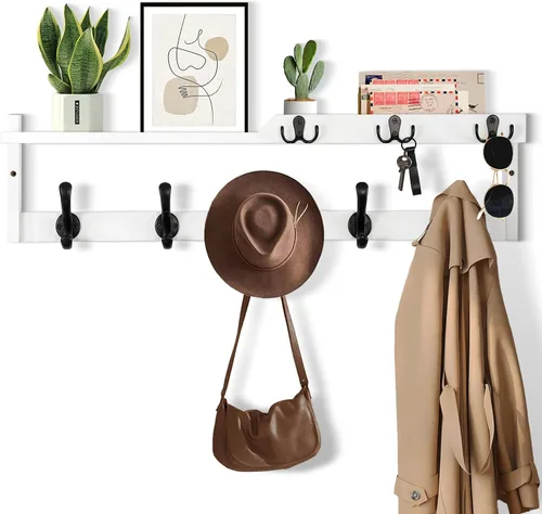 Vista 9 de dreampossible Perchero de pared con estante, perchero de pared con ganchos para llaves y soporte para correo, estante flotante de entrada de madera