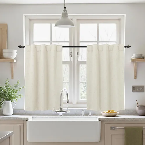 Vista 2 de KOUFALL Cortinas opacas de lino de 24 pulgadas de largo, cortinas térmicas cortas para oscurecer la habitación, cortina de baño para cocina sobre