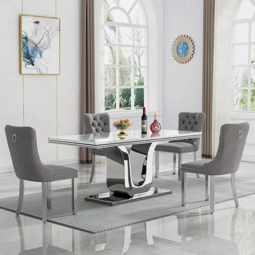 Vista 101 de Juego de mesa de comedor de mármol sintético, 7 piezas, juego de mesa de cocina y comedor para 6, mesa de comedor rectangular blanca de 70 pulgadas
