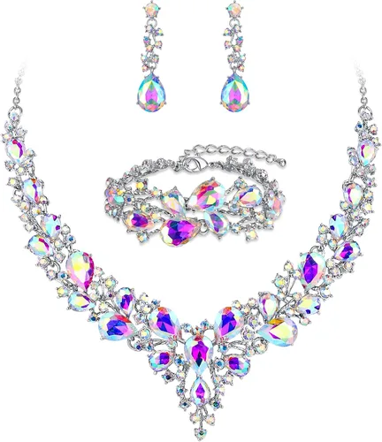 Vista 30 de BriLove - Juego de joyas de boda con cristales austriacos, collar, aretes y pulsera para mujer 01-Tono plateado transparente