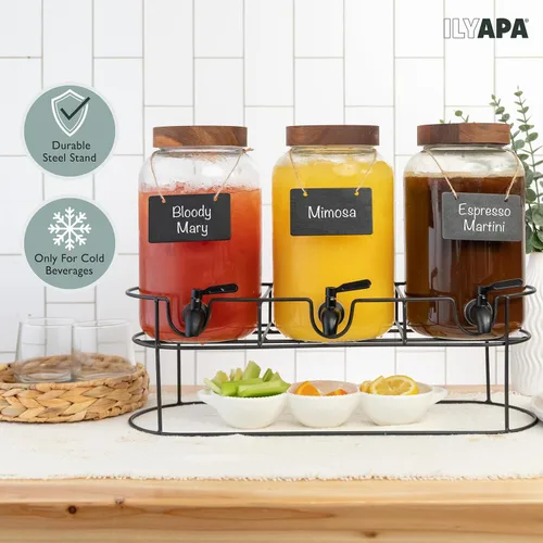 Vista 6 de Ilyapa Dispensador de bebidas de vidrio para fiestas - paquete de 3, dispensador triple de bebidas múltiples de 1 galón con soporte, tapas de madera