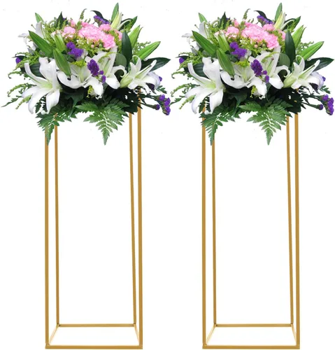 Vista 16 de 10 soportes de metal para centros de mesa de boda, jarrones de columna, soporte de flores de boda, soporte rectangular geométrico dorado