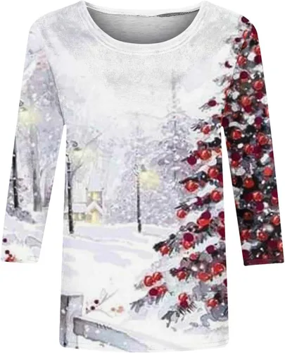 Vista 4 de Camisas de Navidad para mujer, manga 34, tallas grandes, 2023, divertidas, feas, árbol de Navidad, copos de nieve, muñeco de nieve, estampado casual