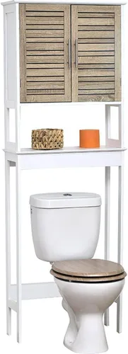 Vista 5 de TENDANCE Armario de almacenamiento sobre el inodoro con puertas dobles y estante abierto, gabinete de almacenamiento de baño que ahorra espacio