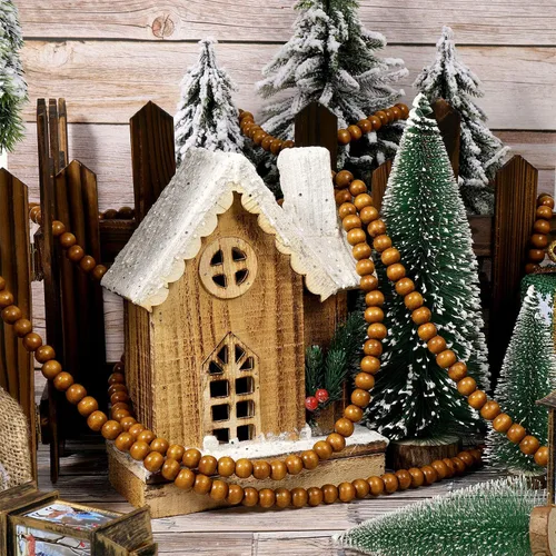 Vista 6 de Guirnalda de cuentas de madera de Navidad, guirnalda de cuentas de madera, decoración de árbol de Navidad para recuerdos de vacaciones, 12 pies