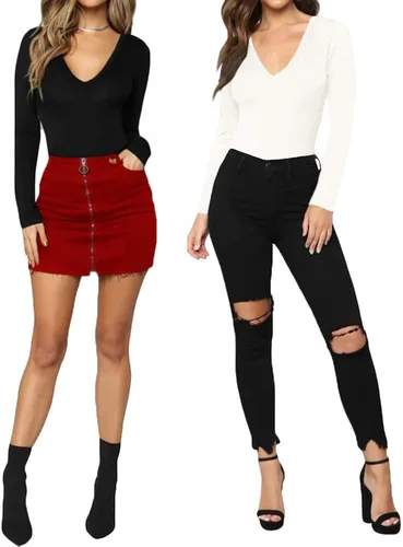 Vista 4 de MANGOPOP - Body sexy de manga larga y manga corta, con cuello en V profundo para mujer