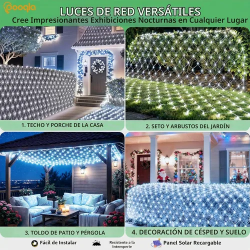 Vista 6 de Pooqla Luces de red solar, 10 x 10 pies, 280 luces LED de red para cenador al aire libre con 8 modos, funciona con energía solar y USB, impermeable