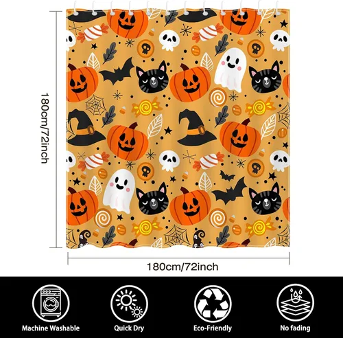 Vista 5 de Mocsicka Bonita cortina de ducha de Halloween de 72 x 72 pulgadas, cortina de ducha naranja de dibujos animados de gato y fantasma, cortina de ducha