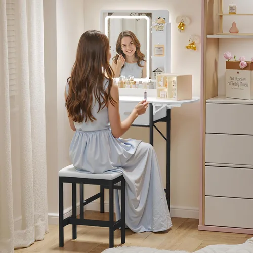 Vista 2 de Pequeño escritorio de tocador para espacio pequeño: juego de mesa de maquillaje compacto para dormitorio pequeño - Vanidad que ahorra espacio
