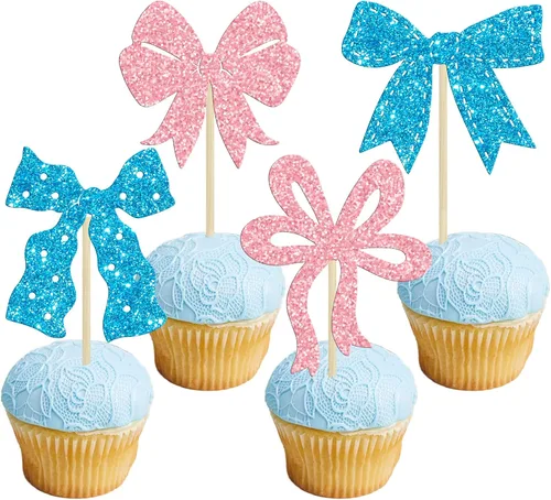 Vista 11 de Ephlyn 24 adornos para cupcakes con lazo para decoración de pastel de cumpleaños, decoración de fiesta de cumpleaños para niñas, decoración de Negro
