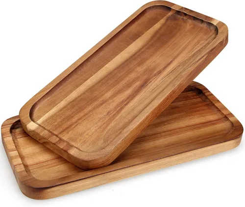 Vista 8 de 2 bandejas rectangulares pequeñas de madera decorativas de madera de acacia, platos de queso, bandejas pequeñas para sándwiches de postre, platos