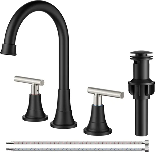 Vista 24 de FORIOUS Juego central de grifos de baño negros y dorados, grifo comercial Negro y dorado