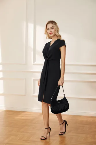 Vista 3 de GRACE KARIN Vestidos midi de verano para mujer, manga casquillo, cintura con lazo, vestido de trabajo con abertura en V y cuello en V, vestido