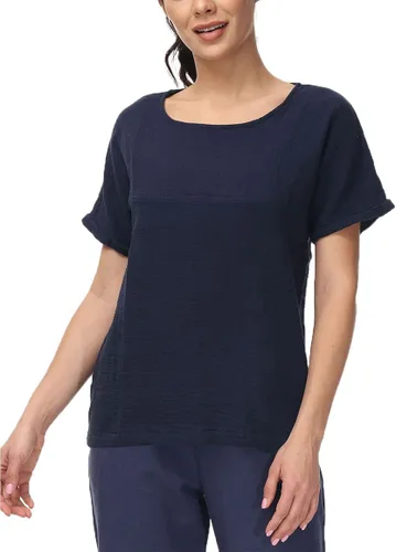 Vista 2 de Soojun - Blusa de algodón y lino para mujer, cuello redondo, diseño entramado