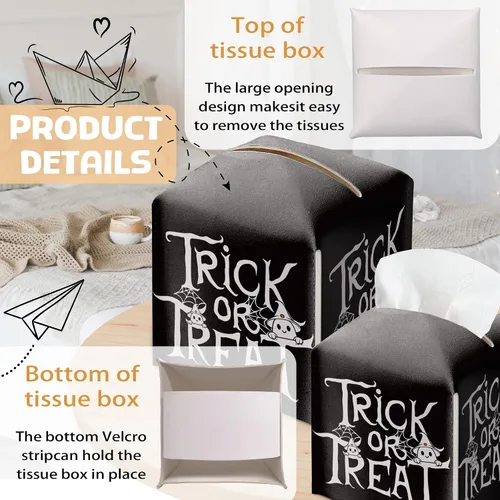 Vista 4 de Soporte para caja de pañuelos de Halloween con tapa cuadrada de cuero negro, organizador de papel facial, dispensador de papel higiénico para baño