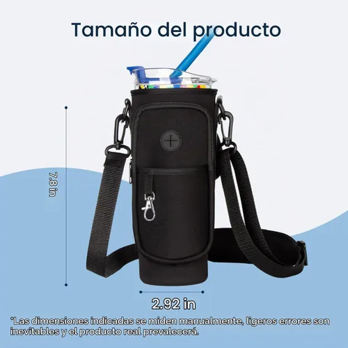 Vista 4 de Soporte para botella de agua con correa para vaso Stanley de 40 onzas con asa, bolsa para botella de agua con bolsillo para teléfono, bolsillo Negro