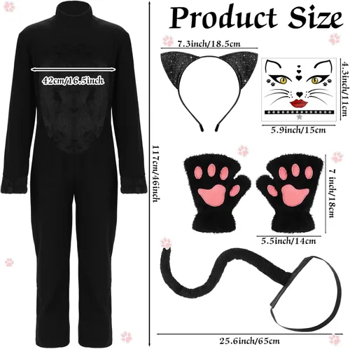 Vista 2 de Ramede Disfraz de gato de Halloween para niñas y niños de 7 a 12 años, disfraz de gato negro para niños con guantes, diadema, cola de gato