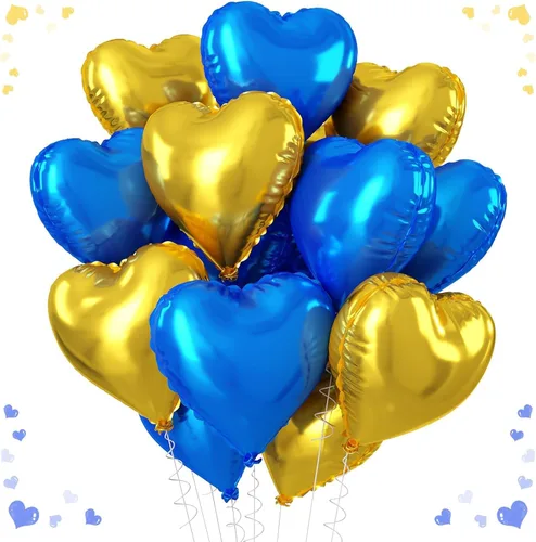 Vista 11 de Globos de corazón azul, dorado y blanco, 18 pulgadas, globos de papel de aluminio azul bebé y crema, 12 piezas, globos de helio en forma de corazón