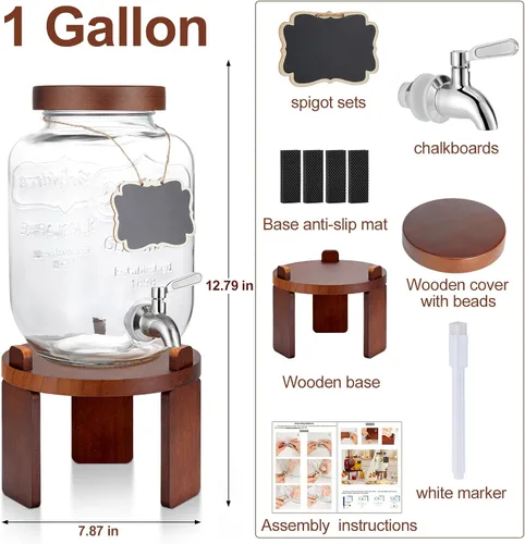 Vista 2 de Dispensador de 1 galón para bebidas en fiestas, dispensador de bebidas de vidrio con soporte, dispensador de agua con espiga de acero inoxidable