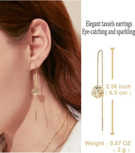Vista 2 de Aretes colgantes de oro de 14 quilates para mujer, con borlas, de cadena larga, para dama de honor