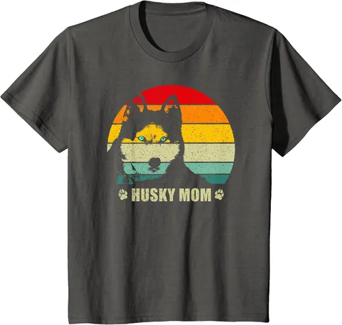 Vista 23 de Husky Mom Retro Dog Lover Mother Siberian Huskies Tee Women T-Shirt Asphalt Grey
