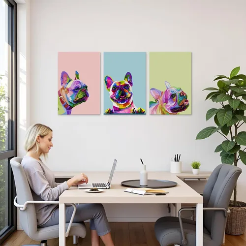 Vista 6 de 3 piezas de arte de pared en lienzo de bulldog francés, pintura de decoración de bulldog francés con marco interior de madera