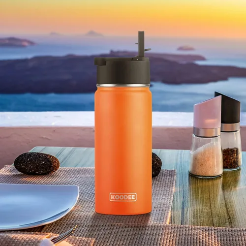 Vista 6 de koodee Botella de agua de 16 onzas, paquete de 2 botellas de agua aisladas de acero inoxidable con pajilla, botella de agua metálica reutilizable