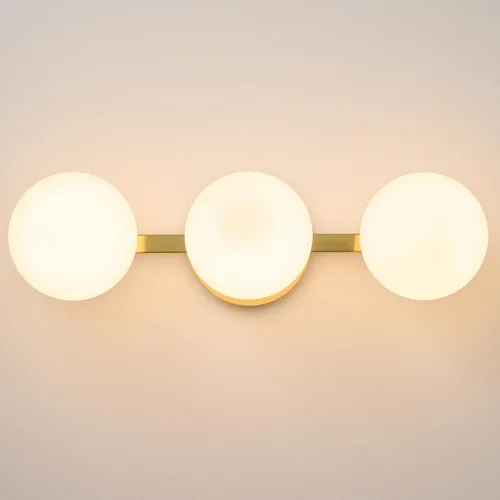 Vista 22 de Aplique de pared moderno de globo de vidrio: Luz de apliques esféricos dorados - Accesorio de luces de bola individual de latón pequeño para tocador