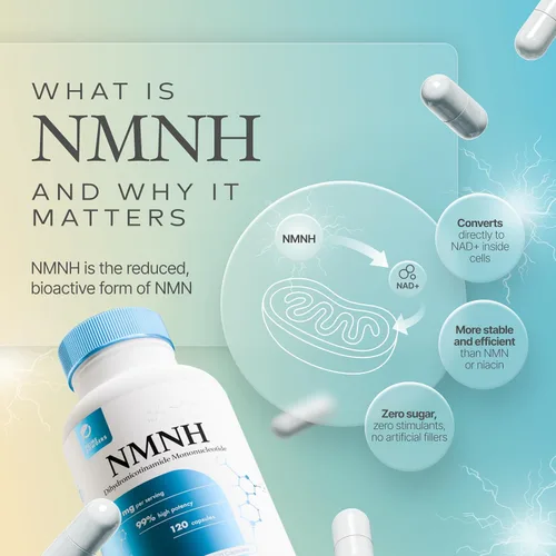Vista 3 de Prime Powders NMNH: Dihydronicotinamide Mononucleótido (120 Cápsulas) Suplemento NR NAD Apoyo NAD+