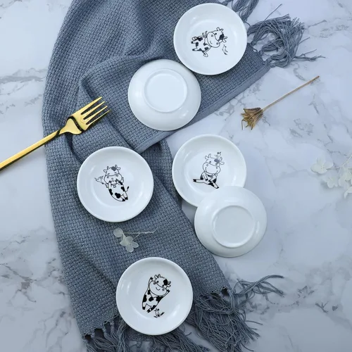 Vista 7 de Divertidos platos de cerámica con diseño de vaca y pájaro de caricatura, platos de condimentos, cuencos de sushi y soja, platos de aperitivo, platos