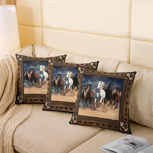 Vista 4 de Juego de 2 fundas de almohada de caballo corriendo con diseño de estrellas de grano de madera, suave y cuadrada, para decoración de habitación