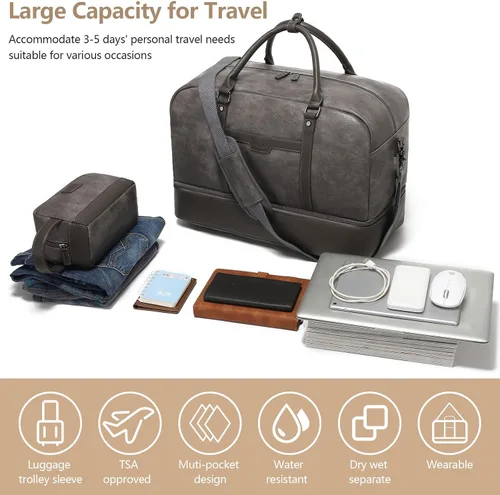 Vista 7 de Wogarl Bolsa de fin de semana para mujeres y hombres, bolsa grande de viaje, Gris, Moda