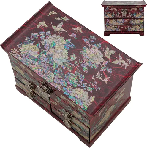 Vista 10 de Caja de Joyería February Mountain con Incrustación de Nácar - Diseño Tradicional de Flores y Mariposas Elegante para Ella