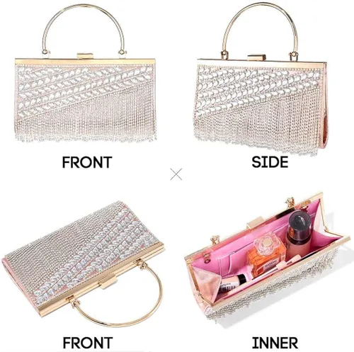 Vista 3 de Yokawe Bolso de mano con cristales brillantes para mujer bolso de noche con borla de diamantes de imitación para bodas fiestas bailes cócteles