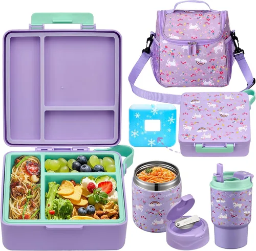 Vista 12 de Lonchera Bento para niños con termo de sopa de 17 onzas, botella de agua aislada y bolsa de almuerzo aislada, a prueba de fugas, contenedor