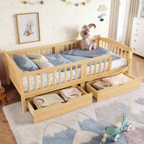 Vista 20 de Polibi Sofá cama de tamaño matrimonial, marcos de cama de día completo de madera con dos cajones y barandillas de seguridad para dormitorio, sala