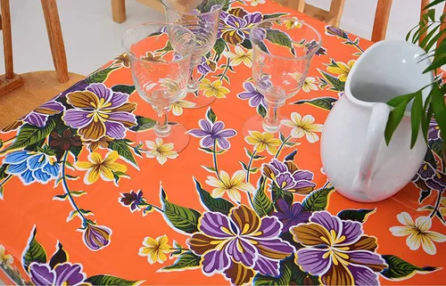 Vista 17 de Alux - Mantel de plástico con flores de hibisco para patios, picnic y mesas de cocina, azul y rojo, vinilo de plástico, mantel de plástico