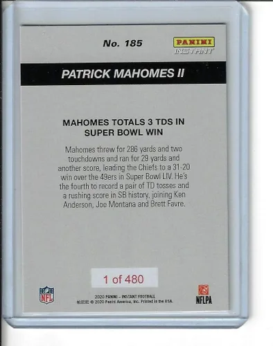 Vista 2 de 2019 Panini America Instant Football #185 Patrick Mahomes II Kansas City Chiefs Super Bowl LIV Totals 3 TDS in Win 2.2.20 1 of 480 Produced