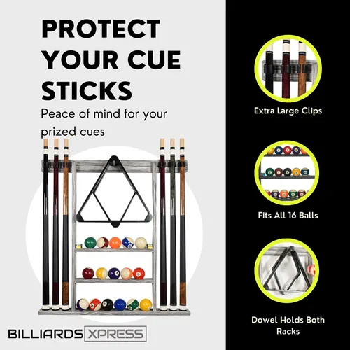 Vista 2 de Pool Cue Rack - Pool Stick Holder Wall Mount With 16 Ball Holders & 6 Pack Of Chalk - Rubber Circle Pads & Large Clips Prevent Damage - Billiard