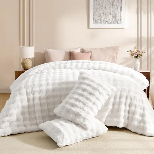 Vista 8 de Wajade Juego de edredón de felpa de pelo sintético teñido anudado negro, juego de ropa de cama mullido y peludo, juego de edredón de microfibra
