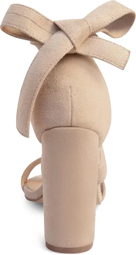 Vista 5 de Tacones de tiras para mujer Tacones gruesos Sandalias de tacón alto con cordones de moda Sandalias de tacón de bloque desnudo con cordones Sandalias
