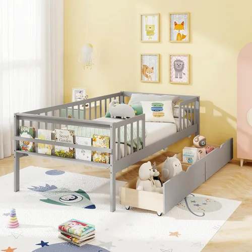 Vista 9 de KOMFOTT Base de cama individual de madera con rieles de valla y 2 cajones extraíbles, marco de cama individual para niños con estante lateral,