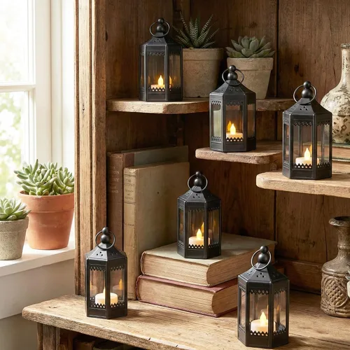 Vista 3 de Vela Lanterns - Portavelas de té, mini centros de mesa, color negro Halloween & Wedding Decor, Decorative Indoor Moroccan Metal Glass Hanging